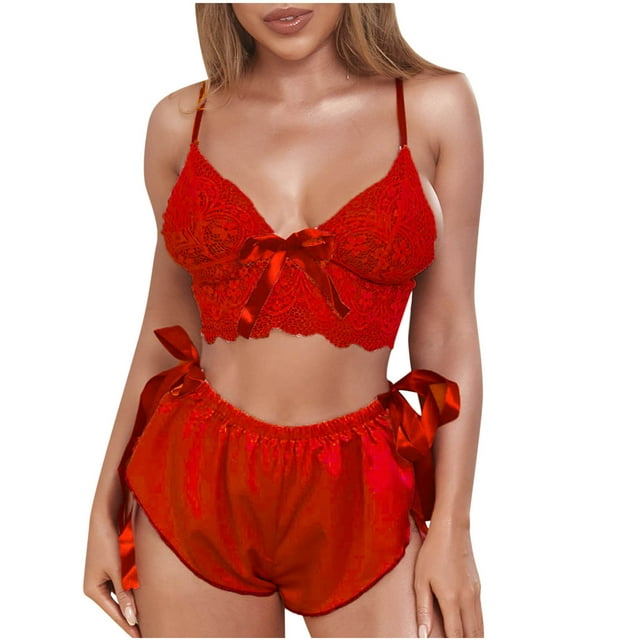 Conjuntos de pijamas de satén para mujer, ropa interior Sexy con lazo de encaje, ropa interior para dormir Fridja nalpqowj17621