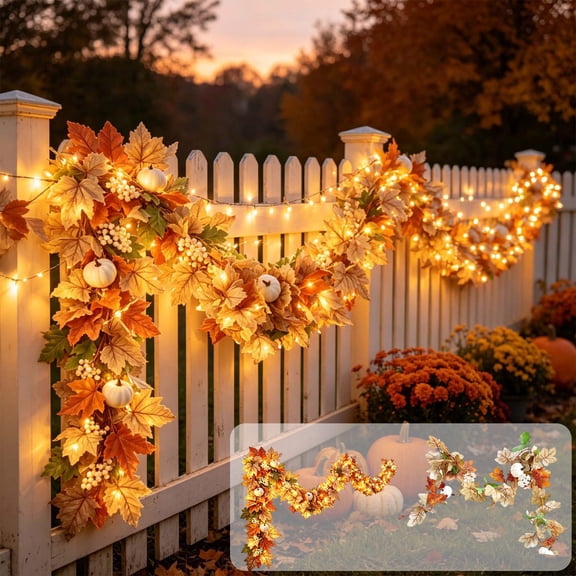 Cadancy Fall Garland with Lights Maple Leaf Pumpkin Artificial Vine for Mantle Fireplace Staircase Railing Outdoor Indoor Home Decor Autumn Harvest Thanksgiving Party Decoration