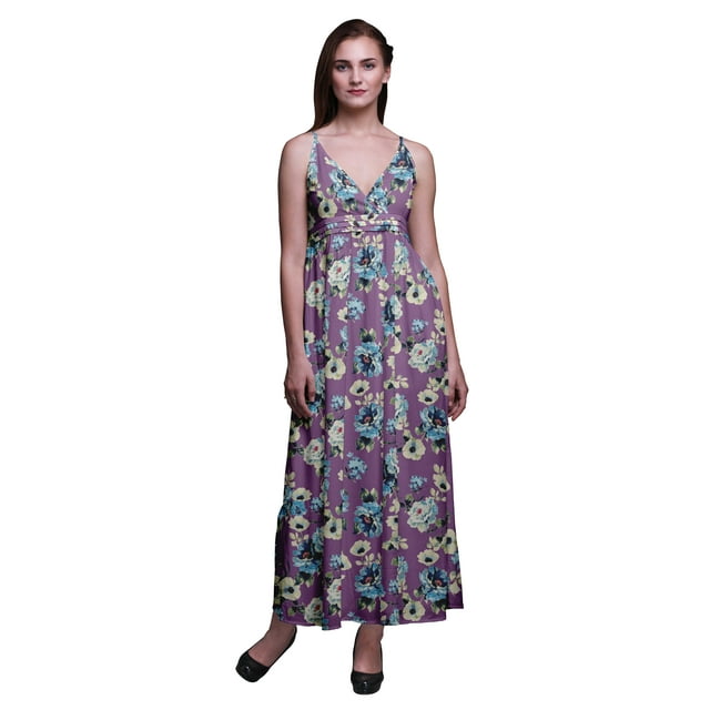 Bimba Robe Longue d'Été Sans Manches à Imprimé Teinture sur Nœuds Florale pour Femme, Décontractée, Maxi, de Plage - Grand