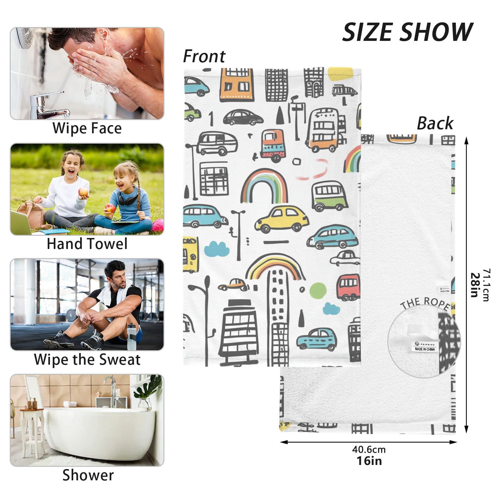 Cars and Rainbows Doodle Hand Towels Cotton Bath Towels Large Face Towels Absorbent for Bathroom 2 Packs