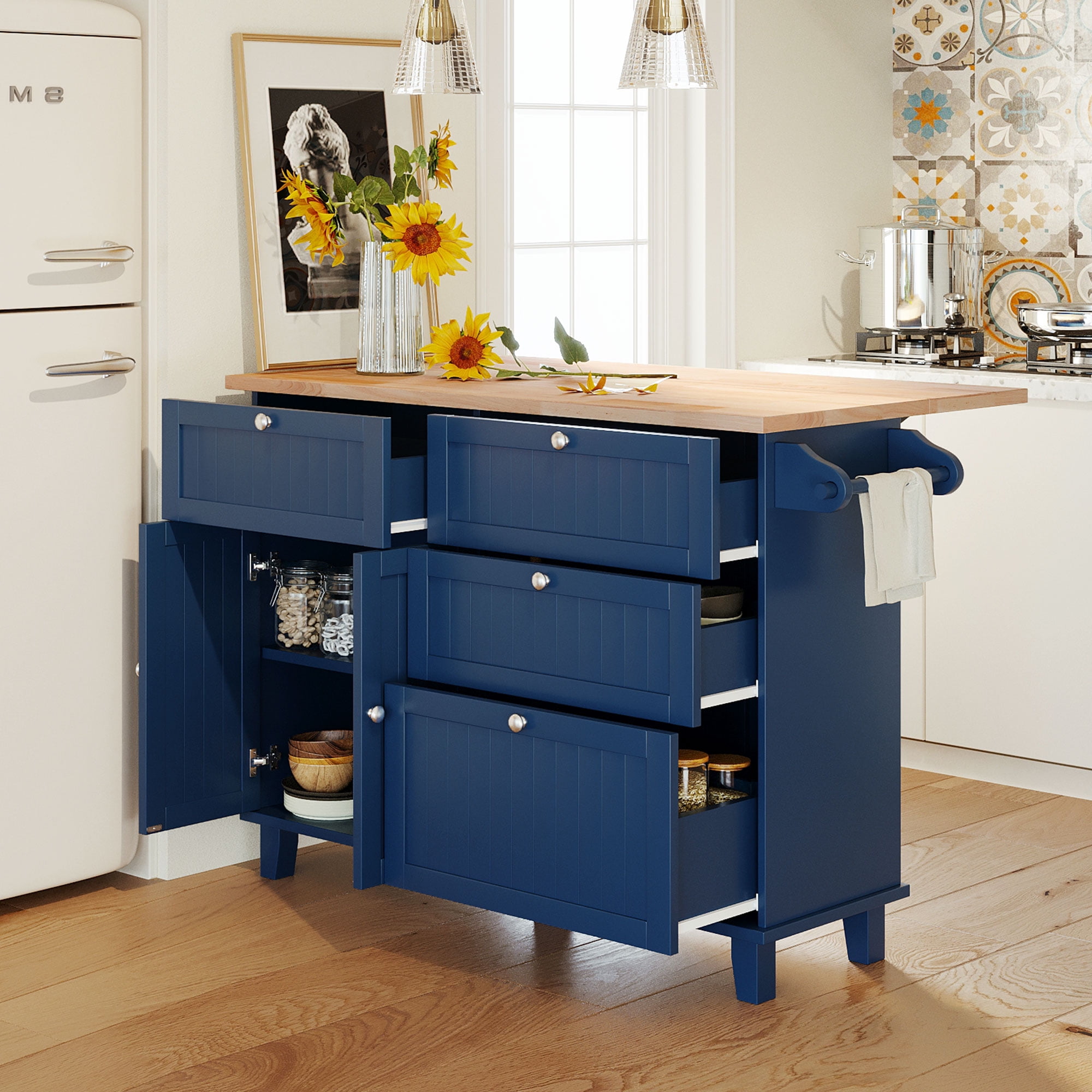 Yoneston Farmhouse Kitchen Island Set with 2 Stools, Dining Table Set with Drop Leaf, Storage Cabinet, Drawers and Towel Rack for Kitchen Dining Room, Blue