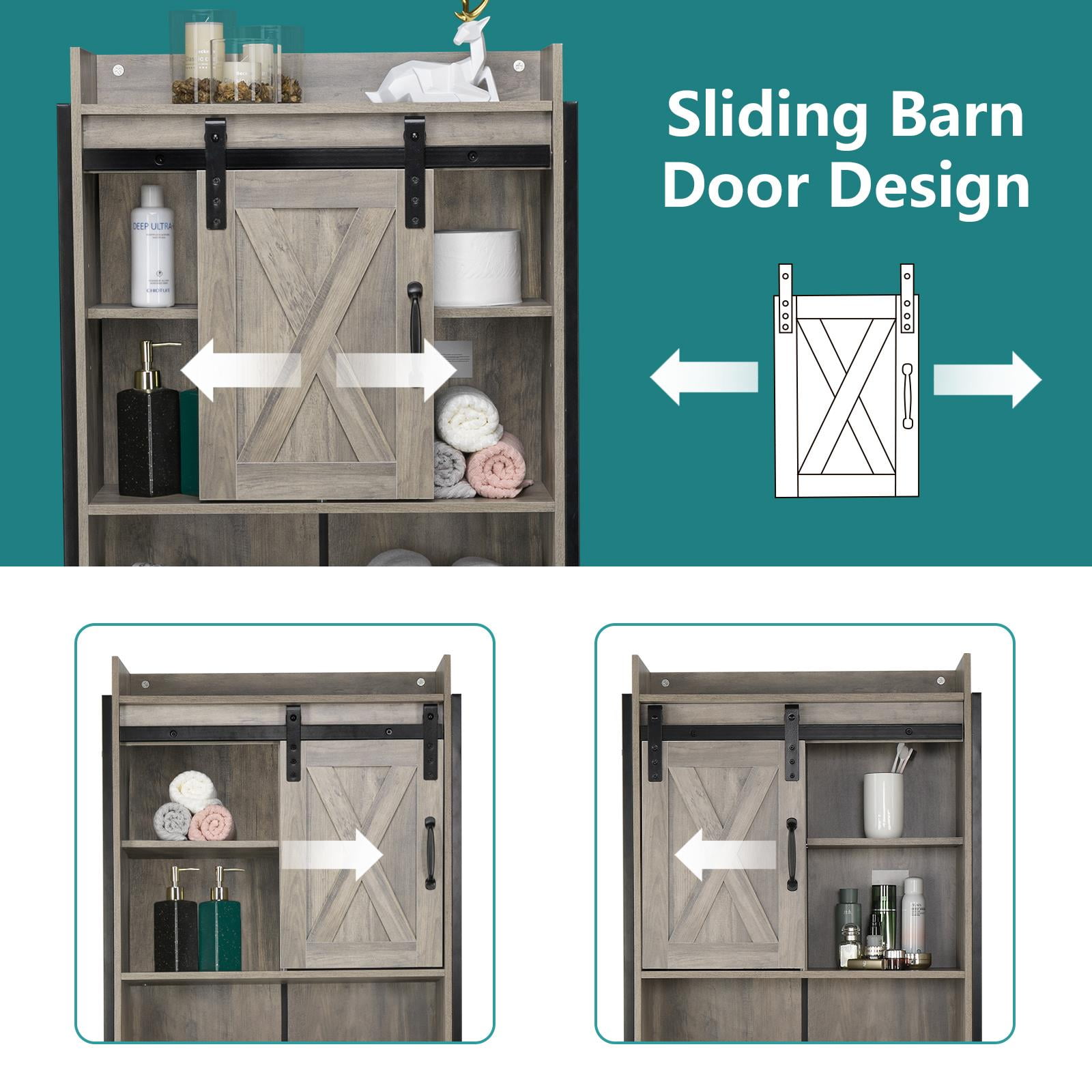 Ktaxon 3-Shelf Over The Toilet Bathroom Storage Cabinet and Shelf with Sliding Barn Door, Retro Gray