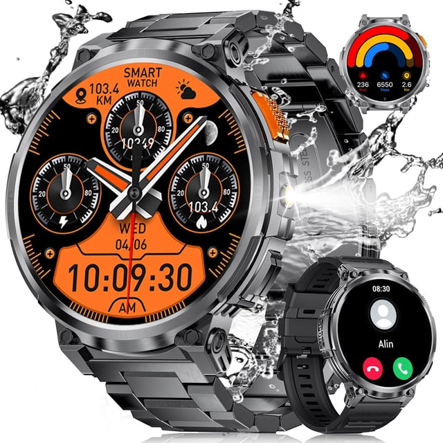 ESFOE Reloj Inteligente Hombre,1.85'' Grande Smartwatch Militar con LED Linterna,730mAh Batería,100+ Modos Deporte, IP68 Impermeable Smartwatch Hombre con Llamadas Bluetooth Wasap, Android