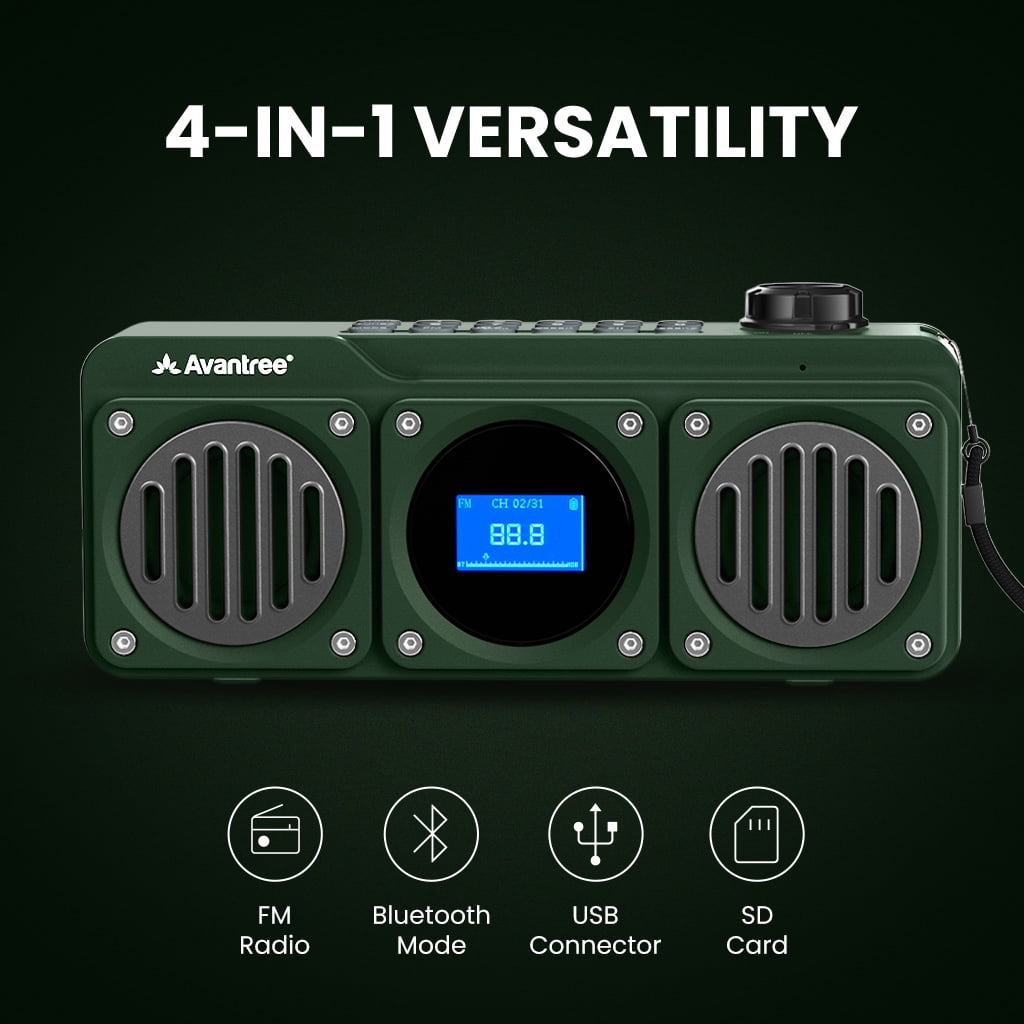 Avantree Boombyte - Portable Digital FM Radio & Bluetooth Speaker with Superb Stereo Sound, Metal Finish, Long Rechargeable Playtime, and Support for Micro SD Card & USB Audio Input - Green