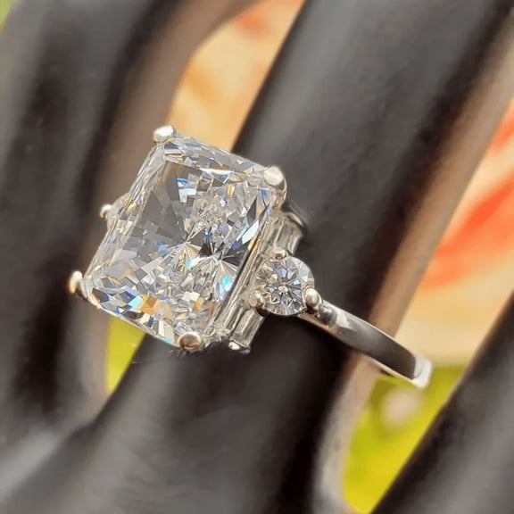 Radiant Cut Three Stone Diamond Engagement Ring in 925 Sterling Silver- Antique Halo Ring