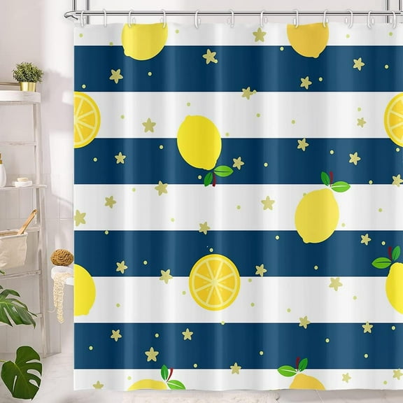 Cute Lemon Shower Curtain Yellow Fruit Green Leaves Plant Navy Blue Stripes Pattern Design Shower Curtain 36x72 Inch Durable Waterproof Polyester Fabric for Bathroom Decor with Hooks