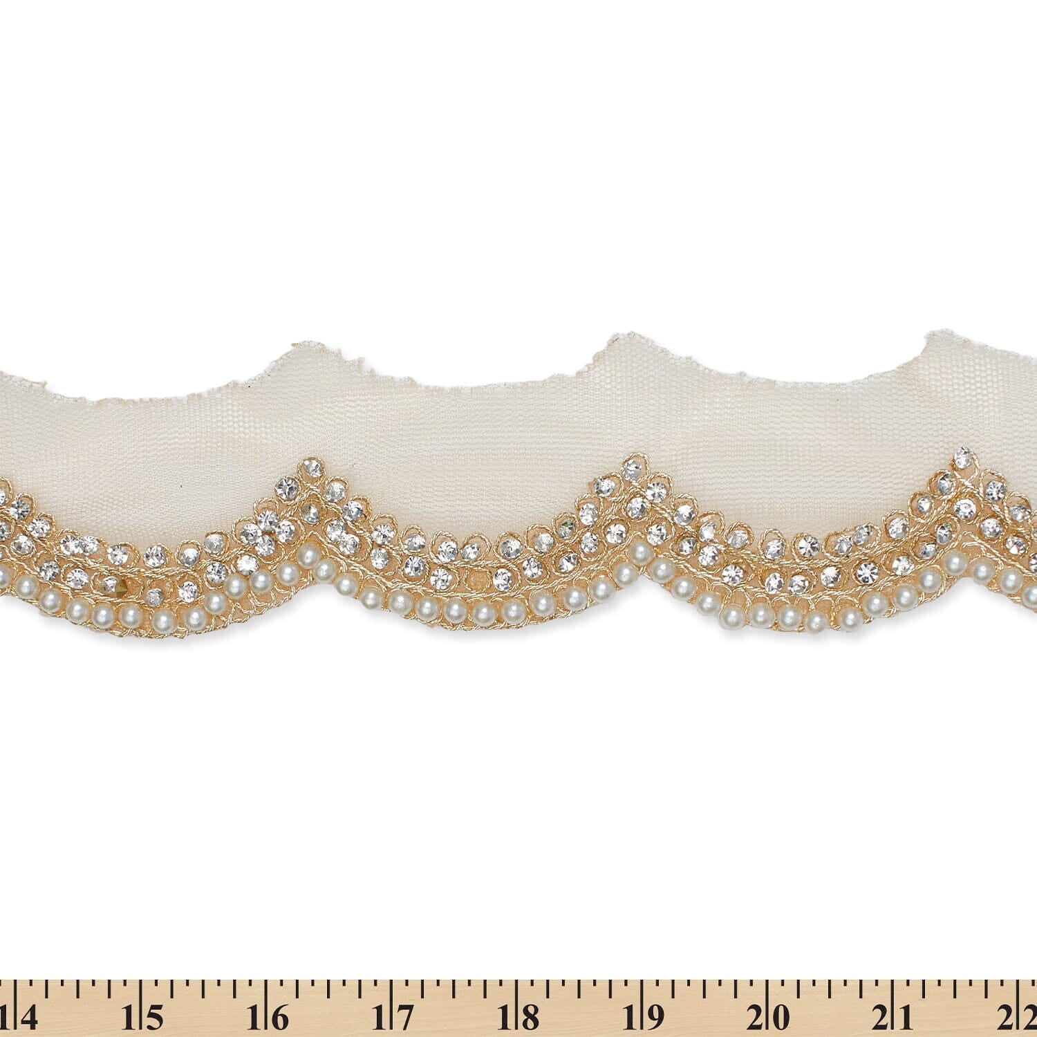 3 Inch Scalloped Regal Rhinestones Beads & Metallic Cording On Polyester Mesh Trim For Sewing, Crafts, Decor, Or Upholstery - Champagne 1 Pack (9.8 Yards / 9 Meters)