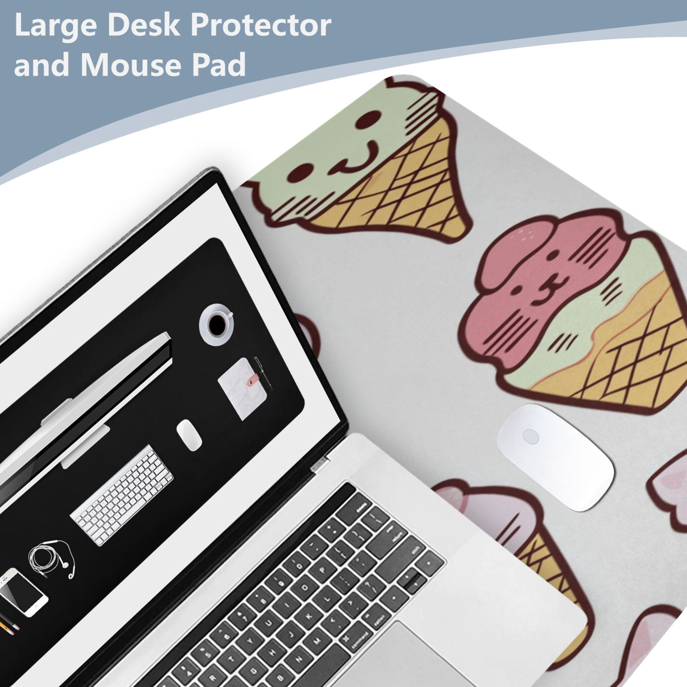 Leather Keyboard and Mouse Desk Mat Office Desk Accessories Protective Office Desk Decor Desk Pad Mat for Gaming, Work from Home, Office Cat Face Ice Cream 16.5" x 35.4"