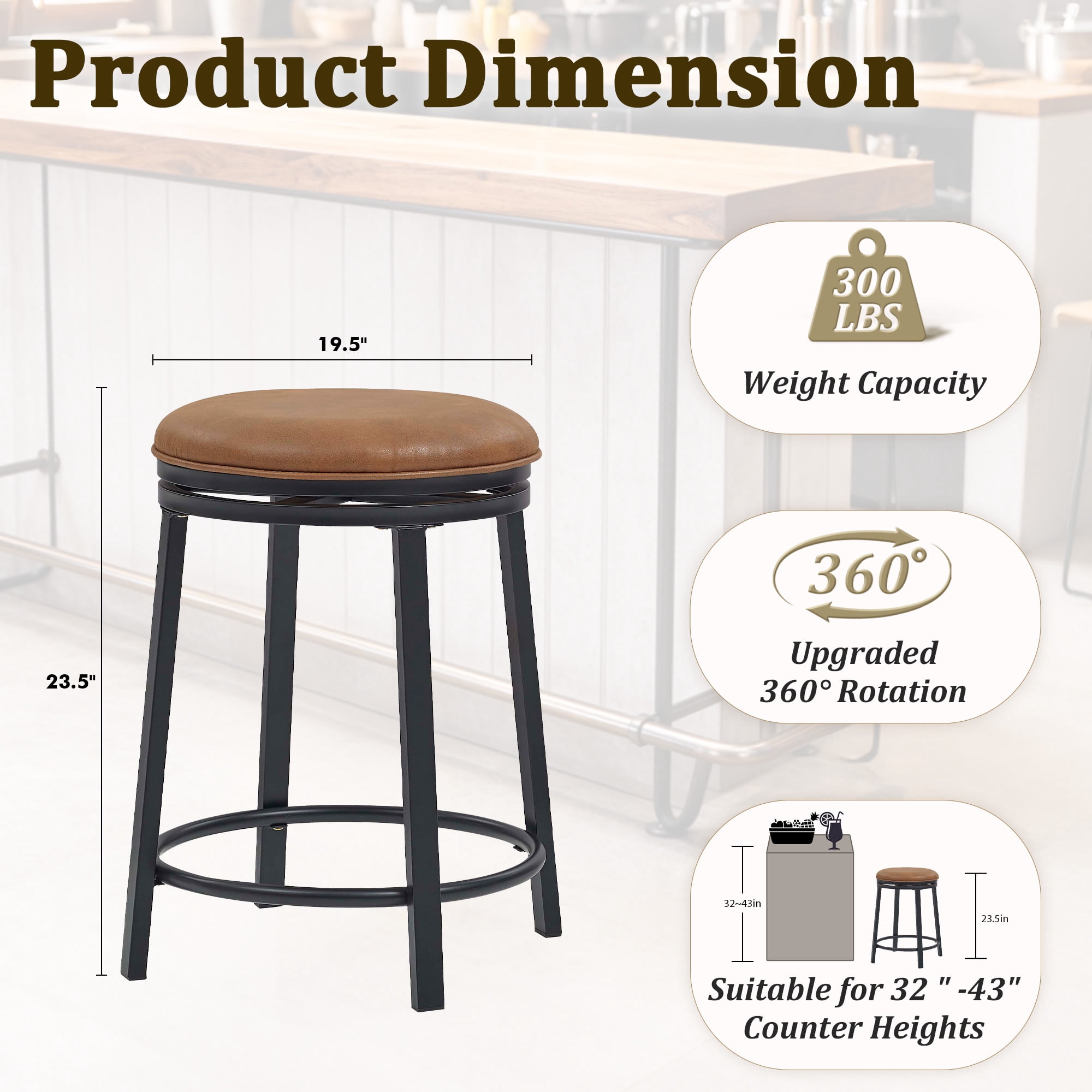 MOONMISS 360° Degree Swivel Bar Stool - Counter Height Metal Frame Stool for Kitchen Island, Home Bar &Cafe(Setof 2),Brown