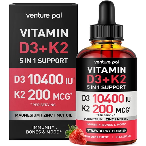 Venture Pal Vitamin D3 K2 Liquid Drops for Bone, Mood & Immune Support, Enhanced Absorption, Sugar Free, Strawberry Flavor, 2 fl oz, 60 Servings