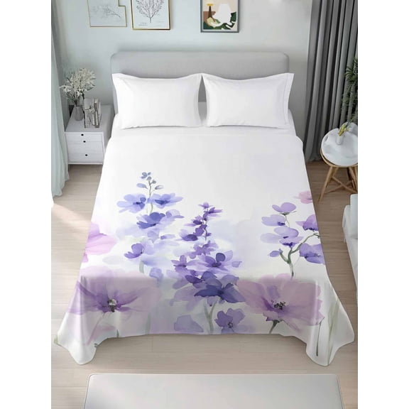 Spring Flowers Twim Size Flat Sheet, Wrinkleproof & Fadeproof Cooling Flat Bed Sheet Only, Watercolor Idyllic Lavender Purple Plant Breathable Soft Bedding Top Sheets 66 x 96 Inches