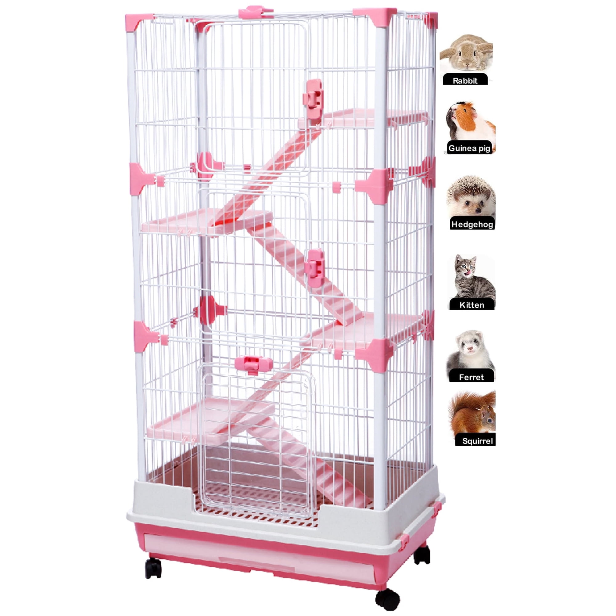 Pink X-LARGE 52-inch Deluxe and Spacious 5-Level In/Outdoor Ferret Chinchilla Guinea Pig Cage Rabbit Hutch Paw Safe Solid Platform Ramp Mesh Floor Leakproof Tray Large Access Doors Lockable Casters