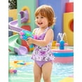 thumbnail image 3 of KIMI BEAR Newborn Baby Girls One-piece Swimsuits 0-3 Months Summer Bathing Suits Off the Shoulder Sleeveless Halter Bow Floral Beach Wear Holiday Rash Guard with Headband 2pcs Purple, 3 of 9