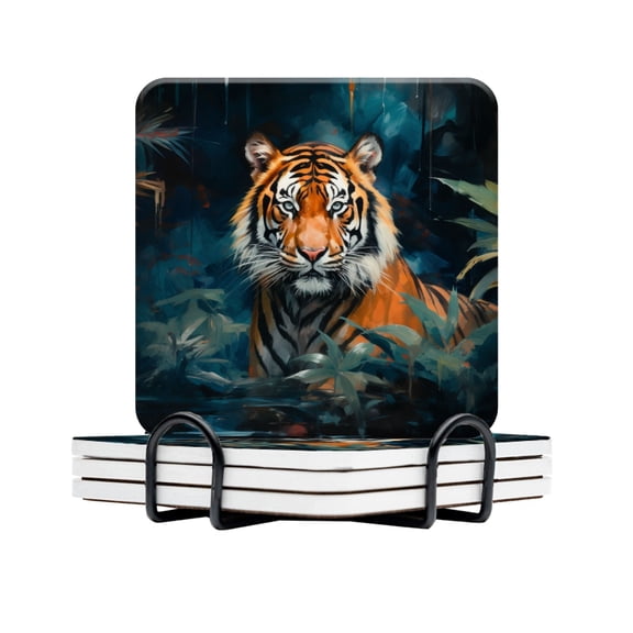BaHomeck Drink Coasters Set Of 4 With Holder Tiger In The Jungle Water Absorbent Ceramic Coasters Tabletop Protection,Suitable For Various Cup,Home Decor