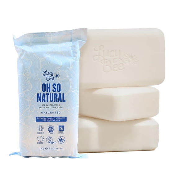 Barra de jabón orgánica y natural certificada Lucy Bee, paquete de 4, hidratante y rejuvenecedor, aprobado por dermatólogos para pieles sensibles, sin perfume y libre de aceite de palma, 5.3 oz (4