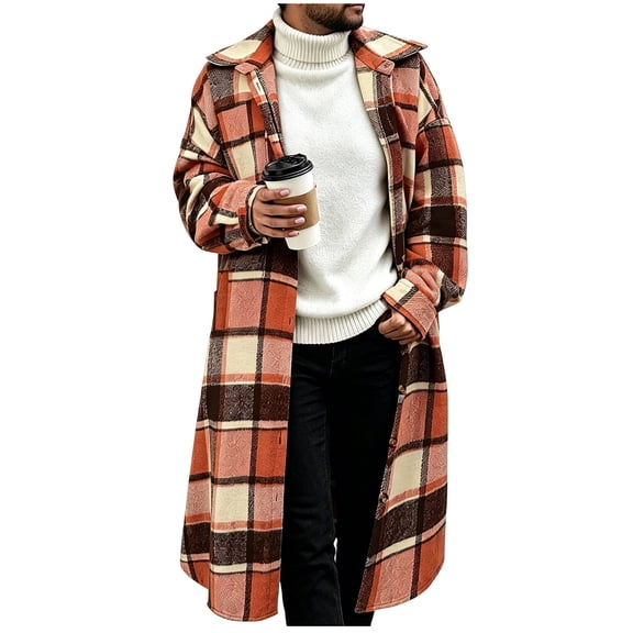 QIYAGBSA Plaid Coat for Men Long Button Down Overcoat Lapel Shirt Jacket with Chest Pockets for Fall Winter Casual Outdoor