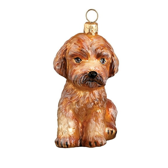 Apricot Maltipoo Sitting Dog Polish Blown Glass Christmas Ornament