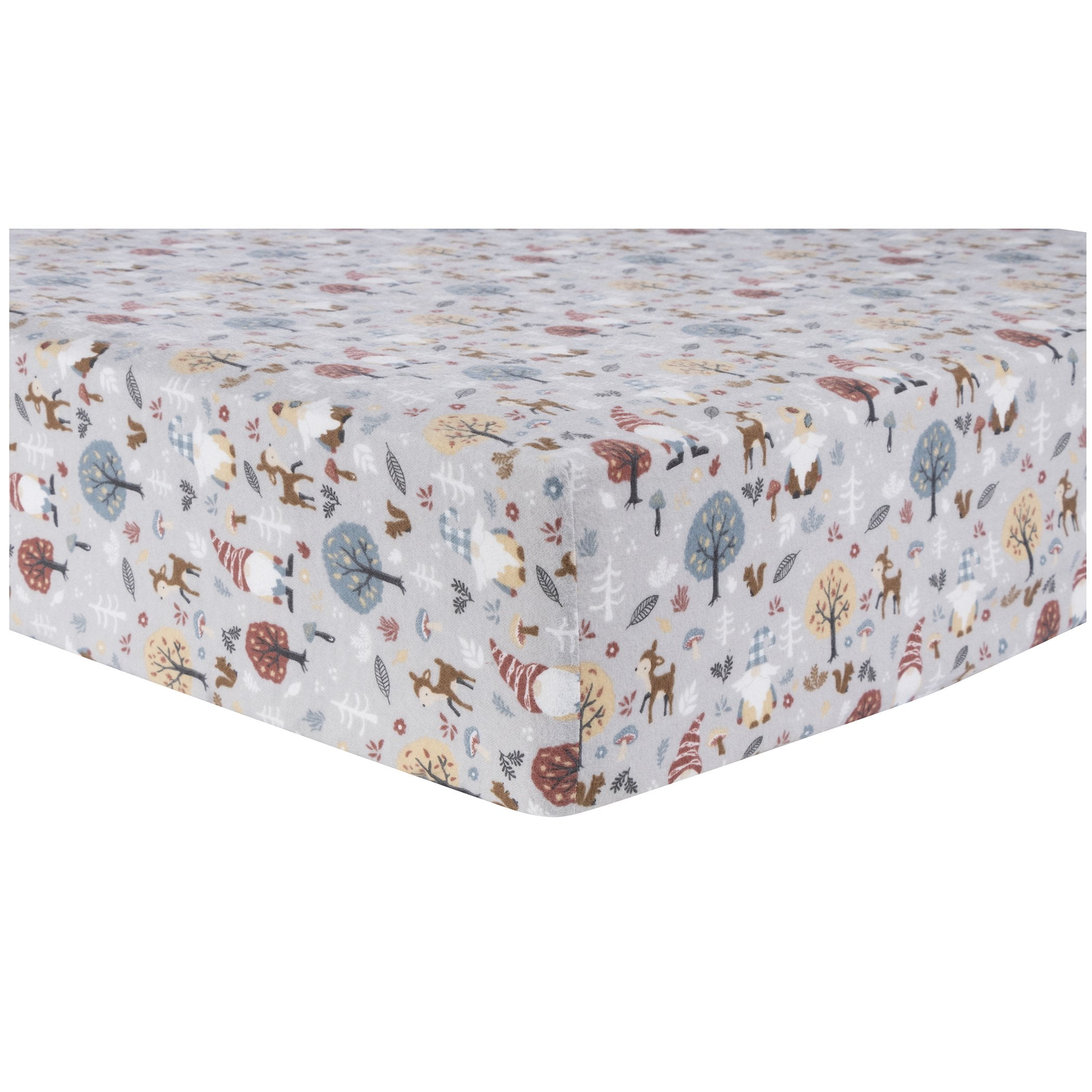 Trend Lab Woodland Gnomes Flannel Fitted Crib Sheet. Sheet is 100% Cotton in Colors of Red, Gray, Brown and Blue and is Fully Elasticized with 10- Inch Deep Pockets. Fits a Standard Crib Mattress