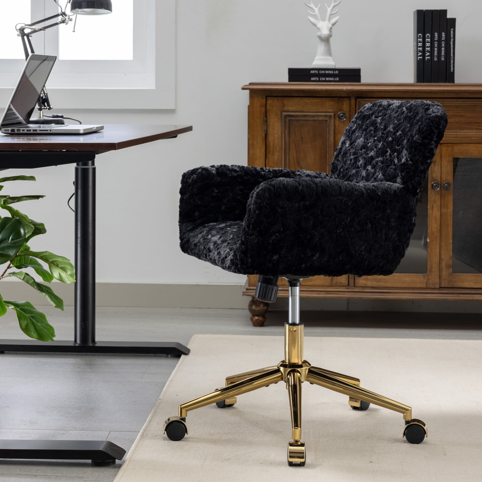 MAYEERTY Artificial Rabbit Hair Office Chair - Golden Metal Base, Adjustable Swivel, Vanity Chair, Black