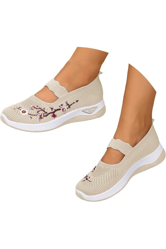 Orthopedic Shoes for Women Slip on Walking Shoes Nurse Shoes Embroidered Arch Support Wide Width Work Sneakers Beige 9 Wide