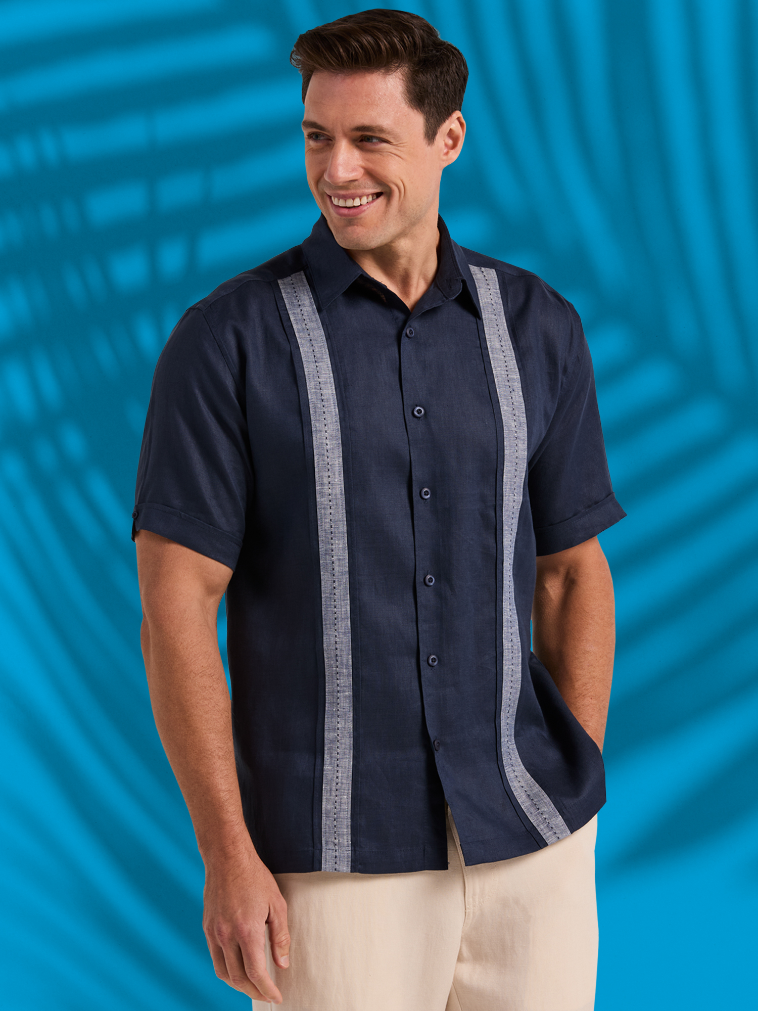 Havanera Men's and Big Men's Contrast Panel with Pick Stitching Short Sleeve Linen Cotton Button-Down Shirt, Sizes S-5XL