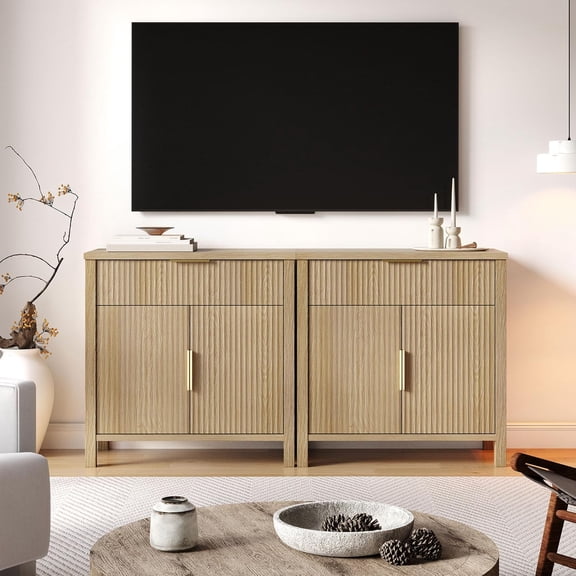 Fluted Buffet Cabinet with Drawers,32'' Sideboard Storage Cupboard Adjustable Shelves for Dinning Room, Kitchen, Living Room,Coffee Bar(WOOD-32'')$$Furniture