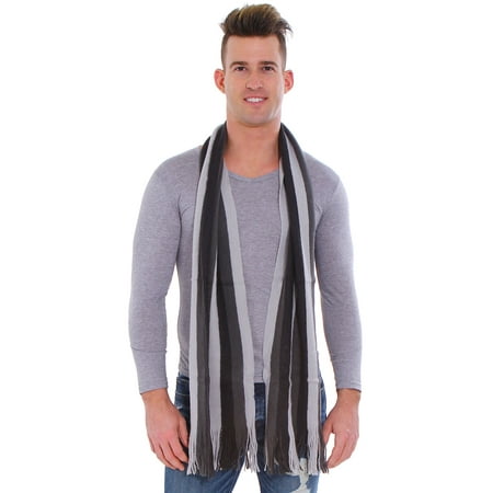 Diagonal Stripe Scarf - Men's Winter Knit Striped Tassel Fringe Scarf, Grey