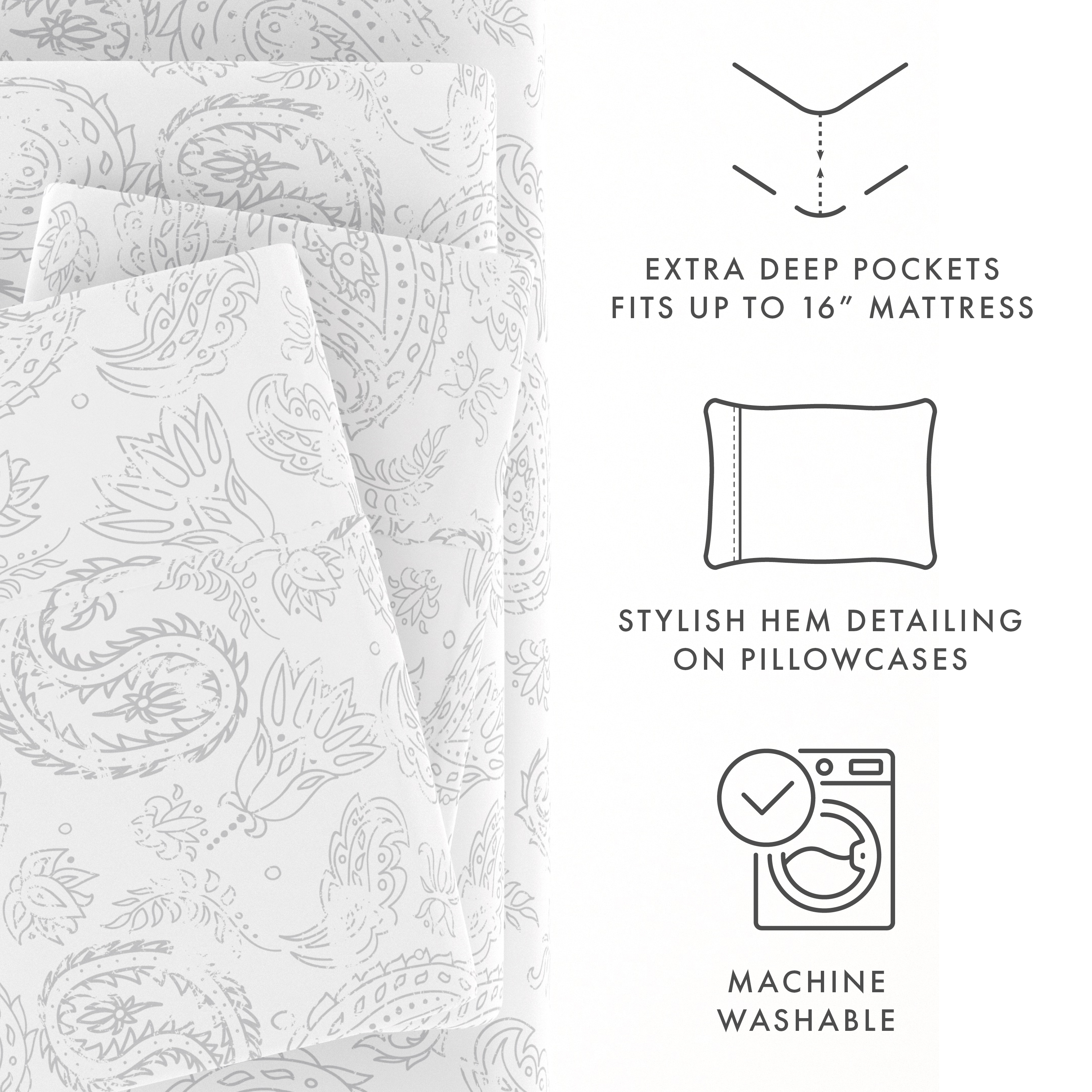 Noble Linens 4 Piece Pattern Microfiber Bed Sheets Set, Gray Coarse Paisley, Twin