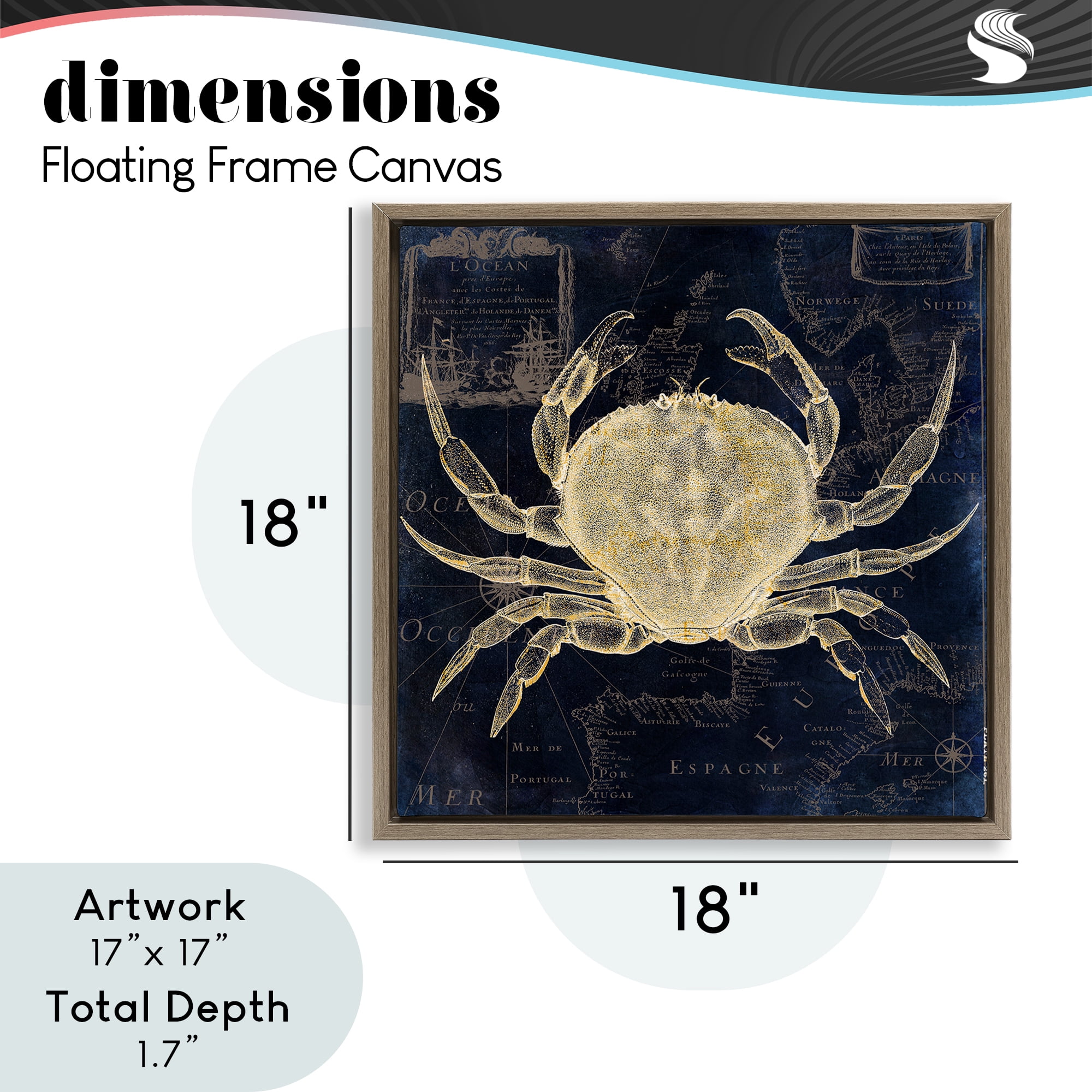 Crab Contour over Map Brown Framed Floater Canvas Wall Art, design by Sasha