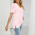 thumbnail image 3 of Slatcetga Women V Neck Top Puff Sleeve Shirt Short Sleeve Top Loose Hollow Out Slim Shirt Pink XL, 3 of 6