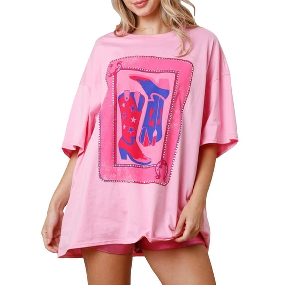 Michellecmm Women Short Sleeve T-Shirts Boots Print Crew Neck Shirts Tops