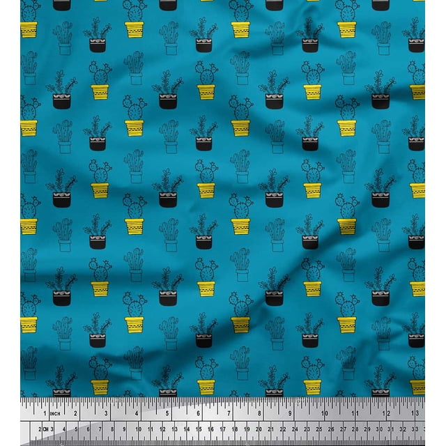 Soimoi Tissu Viscose Georgette Bleu Imprimé Cactus par Yard 44 Pouces de Large