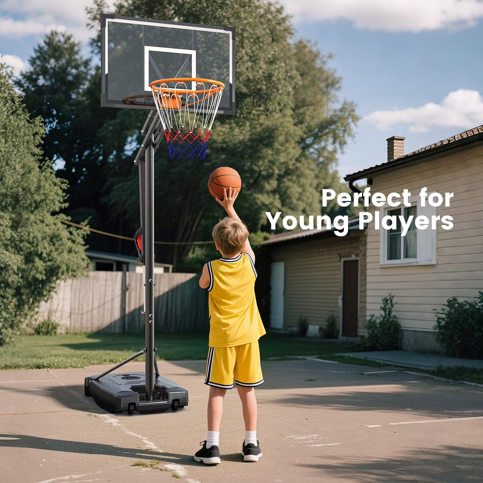 NEDYO Portable Basketball Hoop for Kids, 3.9-8.5 ft Height Adjustable Basketball Goal with HDPE Backboard and Weighted Base, Indoor & Outdoor Use