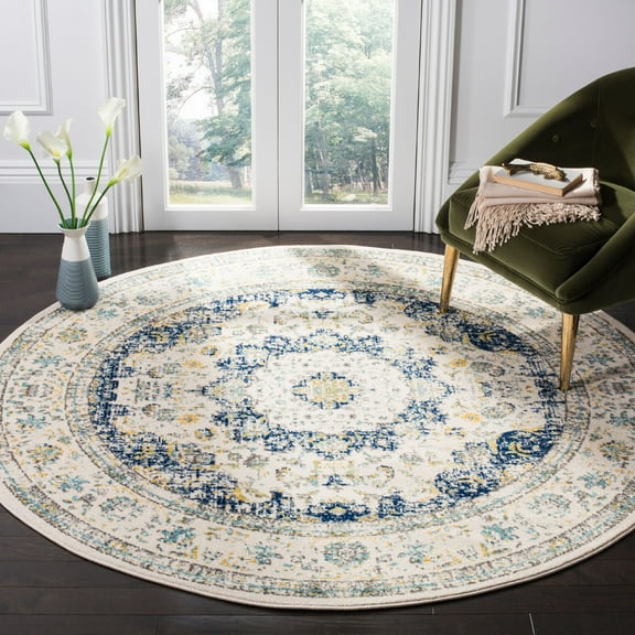 SAFAVIEH Evoke Teale Bordered Area Rug, Ivory/Blue, 9' x 9' Round