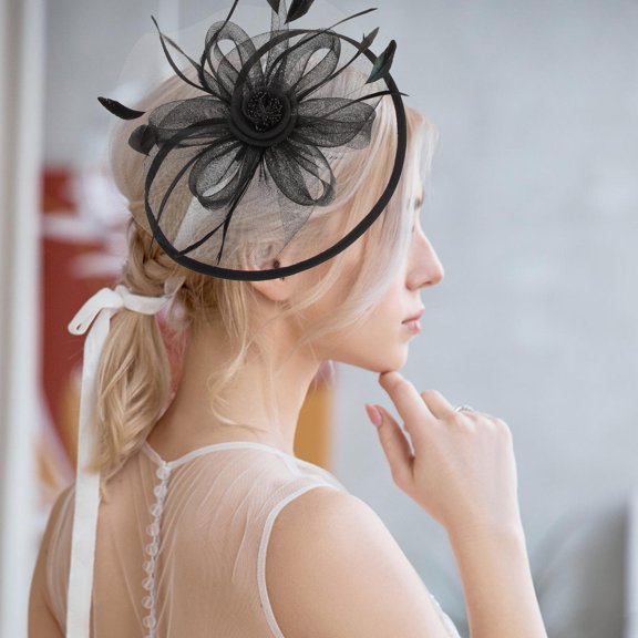 MLINS Elegant Black Mesh Bride Fascinator Headband for Wedding Tea Lightweight Comfortable Fits Most Sizes