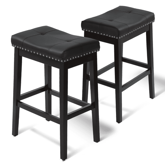 RTRWDC 2 Pack Counter Height Bar Stools PU Leather Upholstered Pub Dining Chairs Black Frame Black Seat Wood Frame Armless