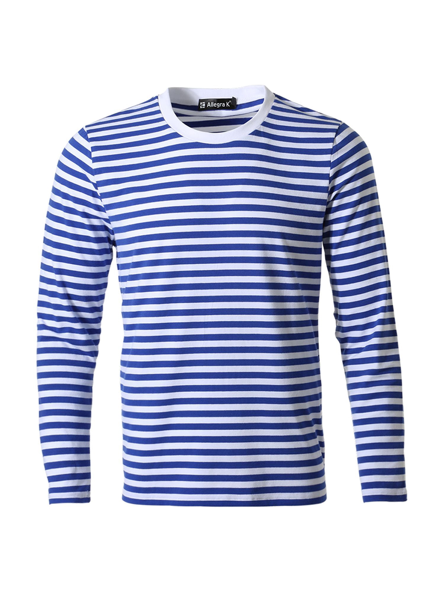 Unique Bargains Men's Long Sleeve Pullover Top Crew Neck Striped T-Shirts 46 Blue and White