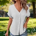 thumbnail image 4 of LNWUY Women's T Shirts Solid Color V Neck Button Down Short Sleeve Roll Up Blouses Lightweight Comfy Summer Dressy Tunic Tees Tops White XL, 4 of 9