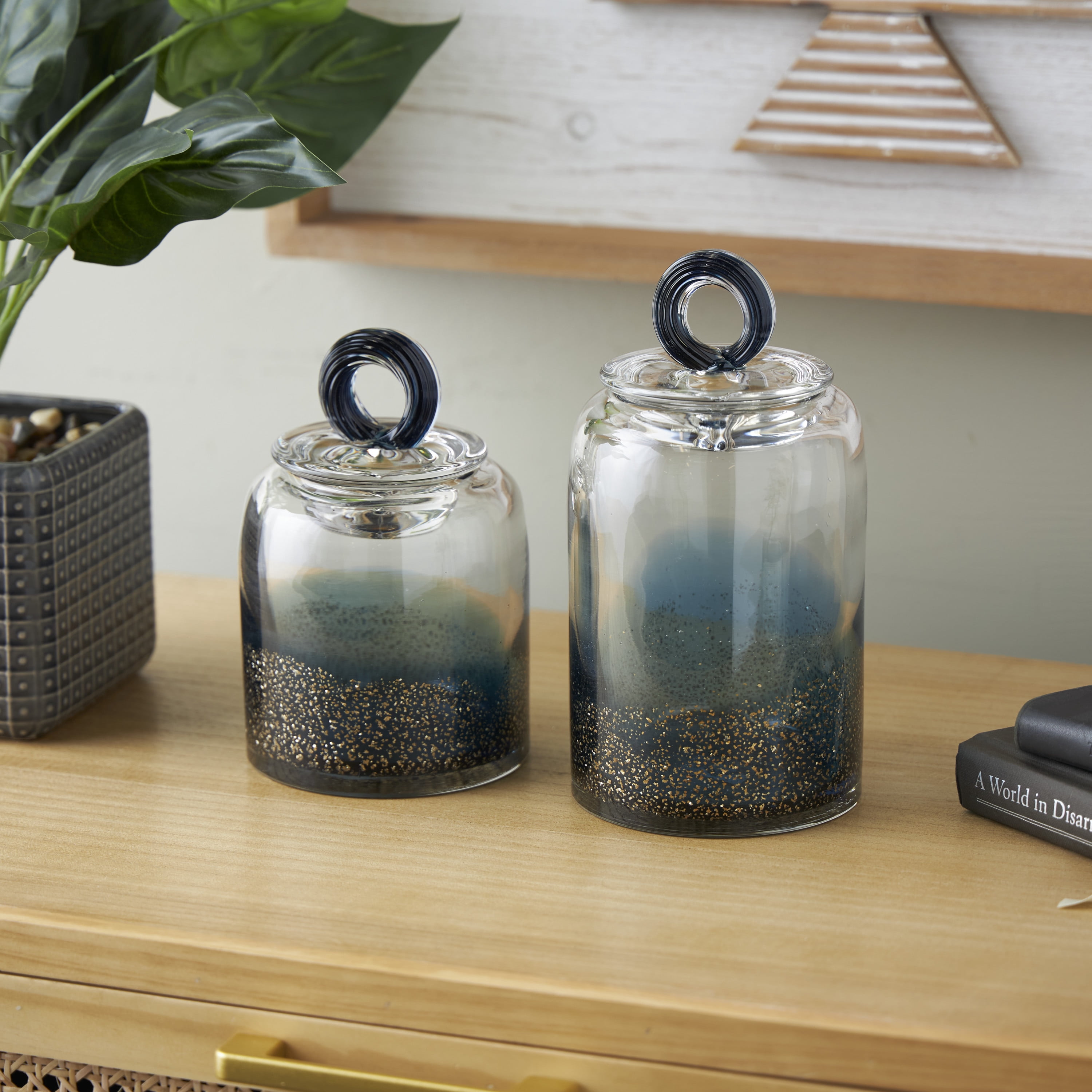 DecMode 9", 8"H Blue Glass Handmade Decorative Jars with Gold Flake Details and Ring Lids, 2-Pieces