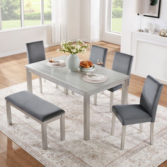 MAYEERTY 6-Piece Dining Table Set, Modern Wooden Dining Set for 6 with 4 Upholstered Chairs and Bench for Kitchen Dining Room, Silver Grey