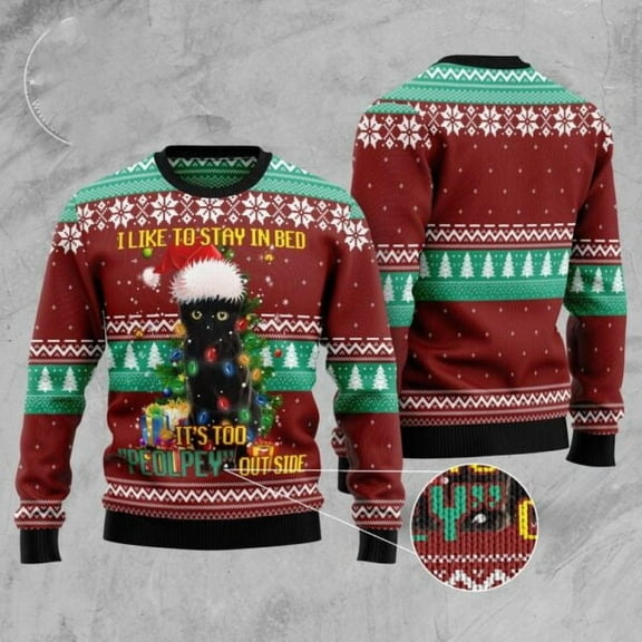 Black Cat Like Stay To In Bed Xmas Ugly Christmas Sweater, Christmas Cat Ugly Sweater, Ugly Cat Xmas Sweater