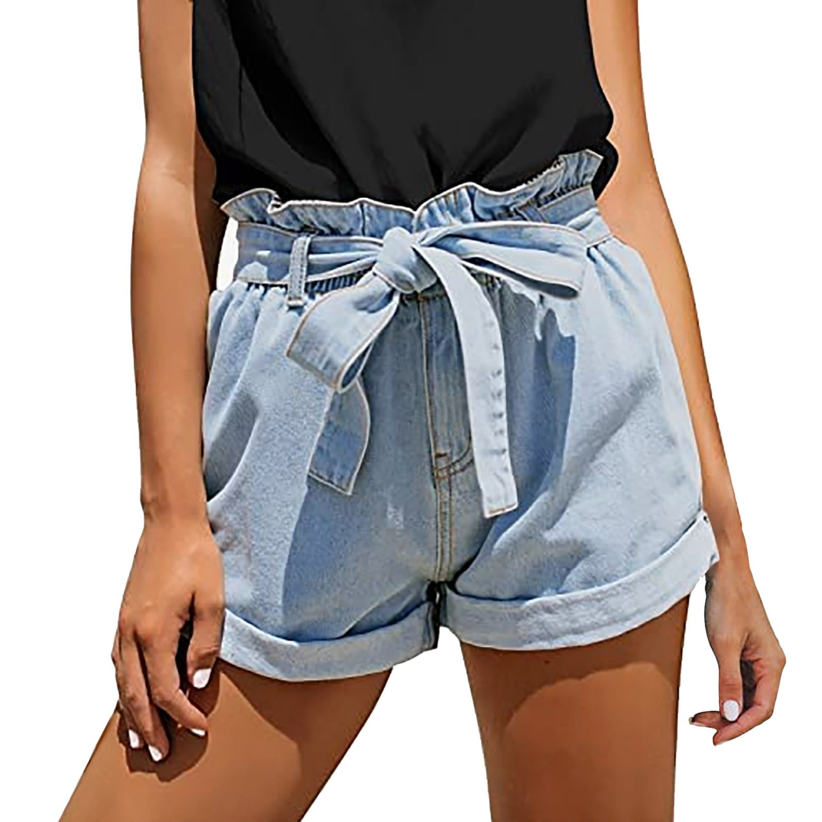 Womens Pants Womens Tall Pants Ladies Daily Fashion Casual Wide Leg Loose Stretch High Waist Denim Shorts Adult Female Clothes Light Blue Size S