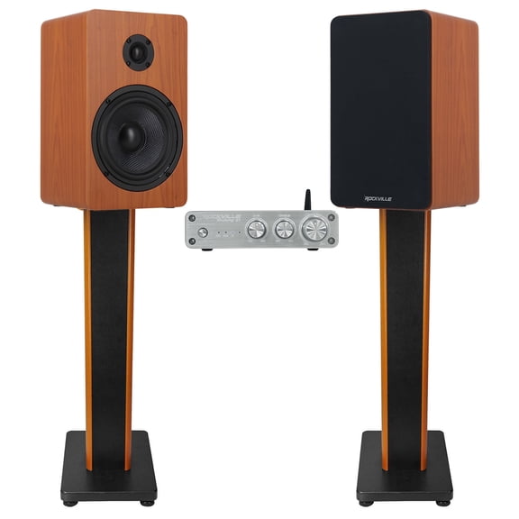 Rockville BLUAMP 21 Bluetooth Home Audio Receiver (2) 5.25" Wood Speakers Stands