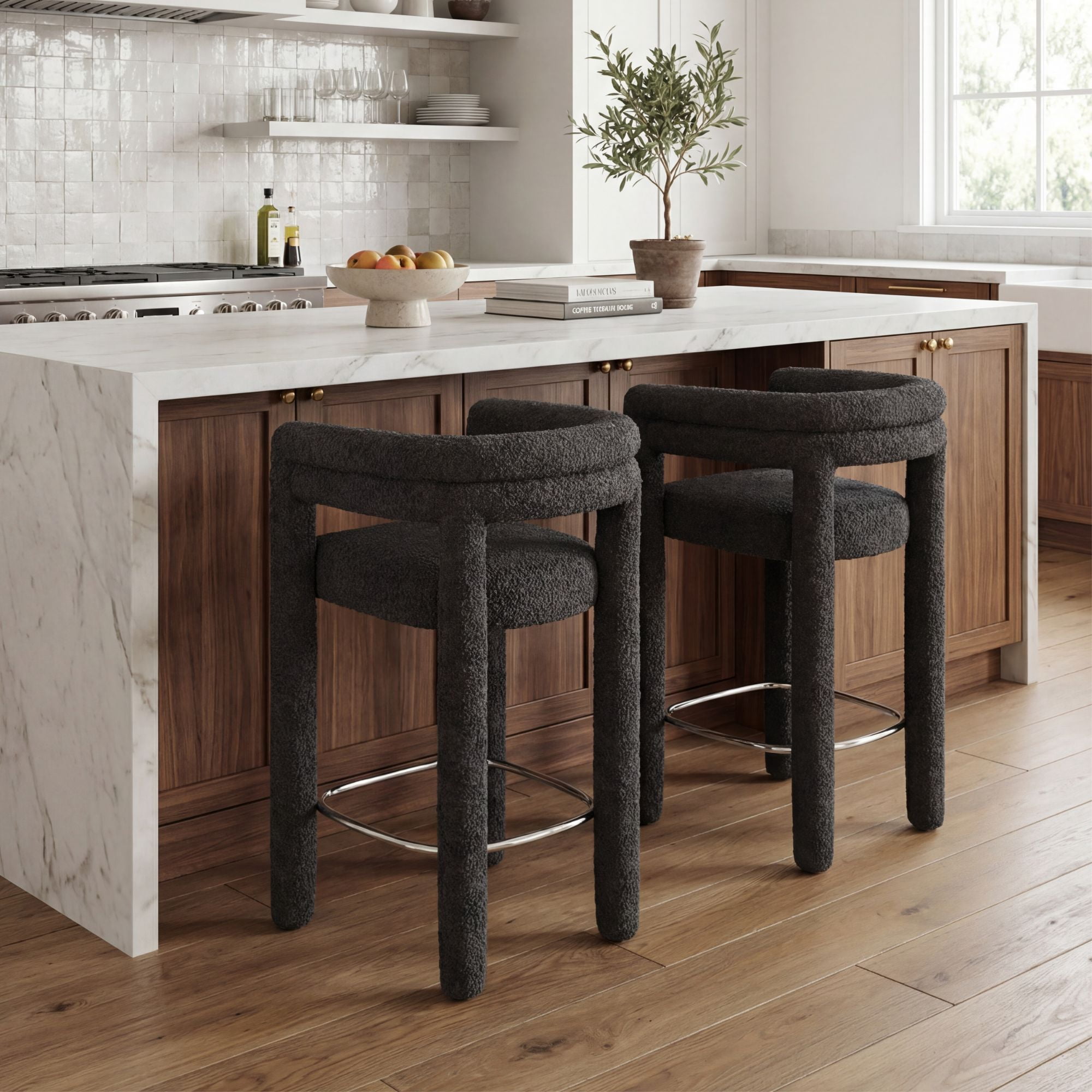 Dayalane 26" Counter Height Bar Stools Set of 2, Modern Sherpa Barrel Barstools with Back and Armrests, Stainless Steel Footrest for Kitchen Island, Black
