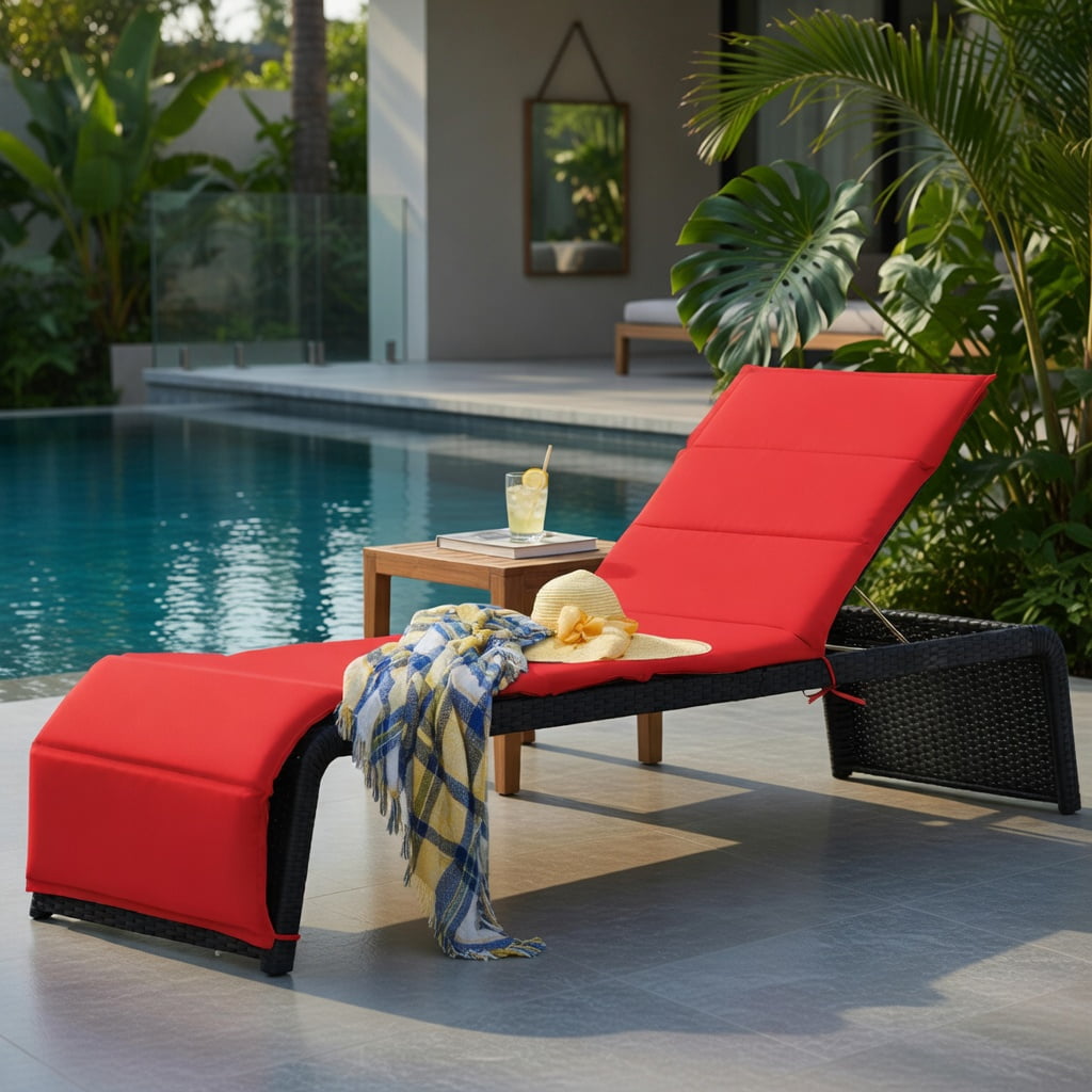 Hommoo Adjustable Outdoor Rattan Chaise Lounge Chair with Thick Cushion, PE Wicker Recliner for Patio, Pool & Garden, Red