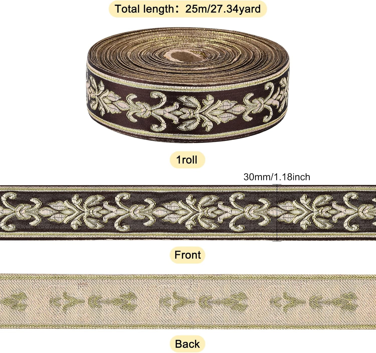 Brown 27 Yard 1.18 Inch Vintage Jacquard Ribbon Coconut Brown Emobridered Woven Trim Gold Floral Webbing Ribbon for DIY Clothing Accessories Embellishment Decorations