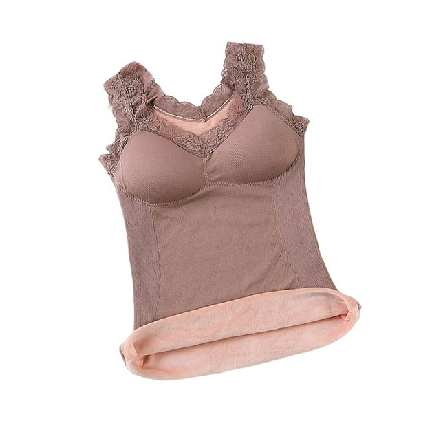 Ropa interior cálida gruesa de encaje para mujer, lencería Sexy para mujer, diseño Simple, capa Base de Color sólido, chaleco, Tops de fondo, Camisetas sin mangas Marrón claro 65-87.5 kg Jumpingount AP013549-12