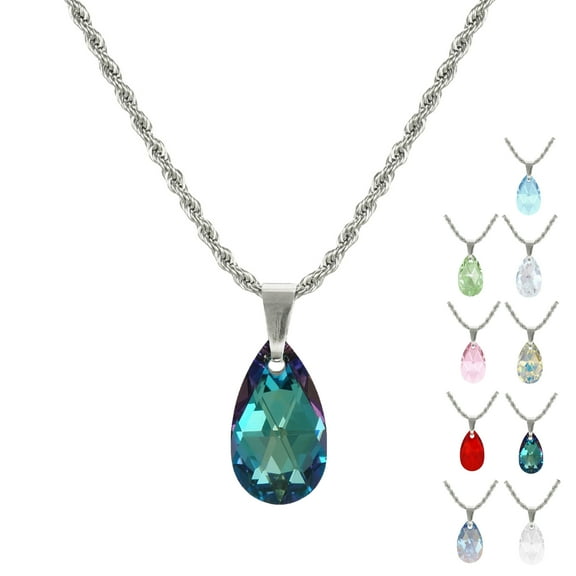 Beautiful Stainless Steel Rope Chain with 22mm Austrian Crystal Teardrop– 19 ½ inches- Bermuda Blue AB
