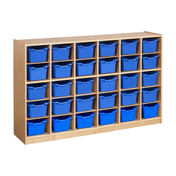 ECR4Kids 30 Cubby Mobile Tray Cabinet and 30 Scoop Front Bins, 5x6, Classroom Furniture, Natural