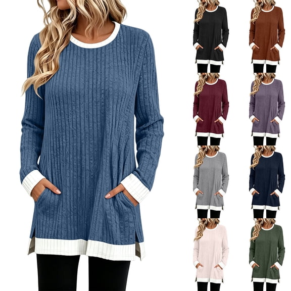 Tqcoqu Women's Color Block Ribbed Knit Tunic Top,Crew Neck Long Sleeve Split Hem Casual Long Blouse with Side Pockets